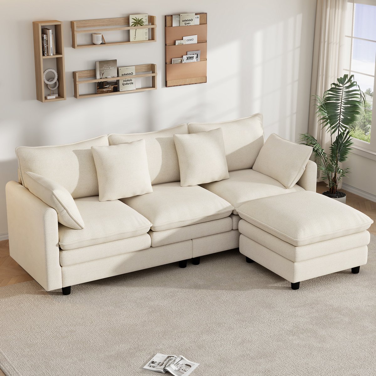 L Hoekbank - 3 Zits Chenille Sofa Beige - Modulaire Lounge Bank Met Verplaatsbare Chaise Longue - Comfortabele Hoekbank Met Kussens Voor Woonkamer