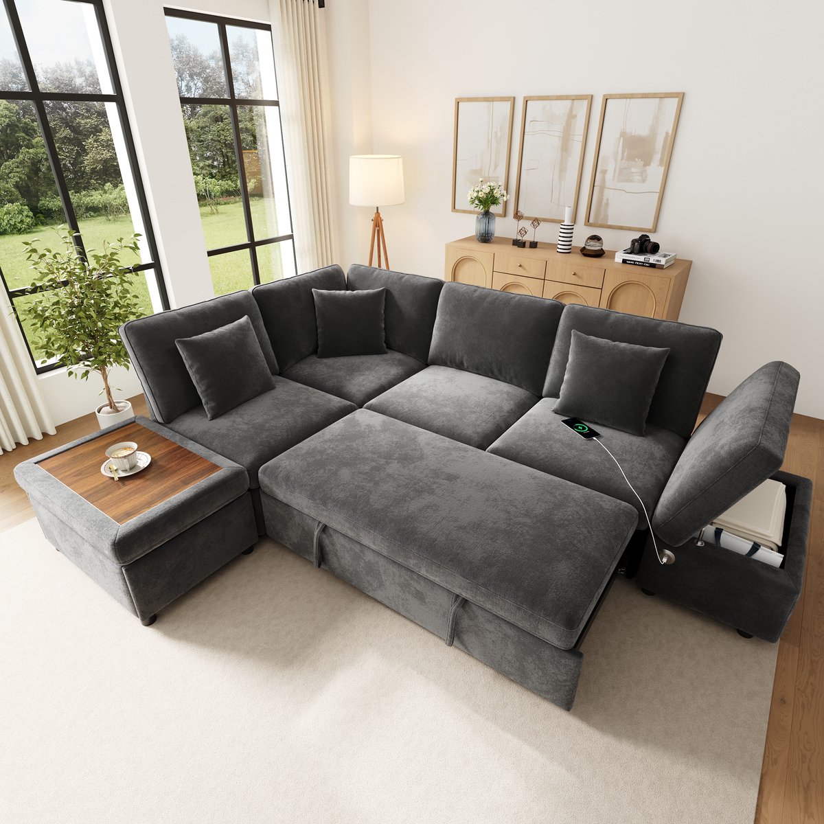 Slaapbank Hoekbank - Modulaire 6 Persoons Bank Met Chaise Longue, Uitschuifbaar Bed, Opbergruimte, USB En Type-C Oplader - Chenille Lounge Sofa Voor Appartement - Grijs