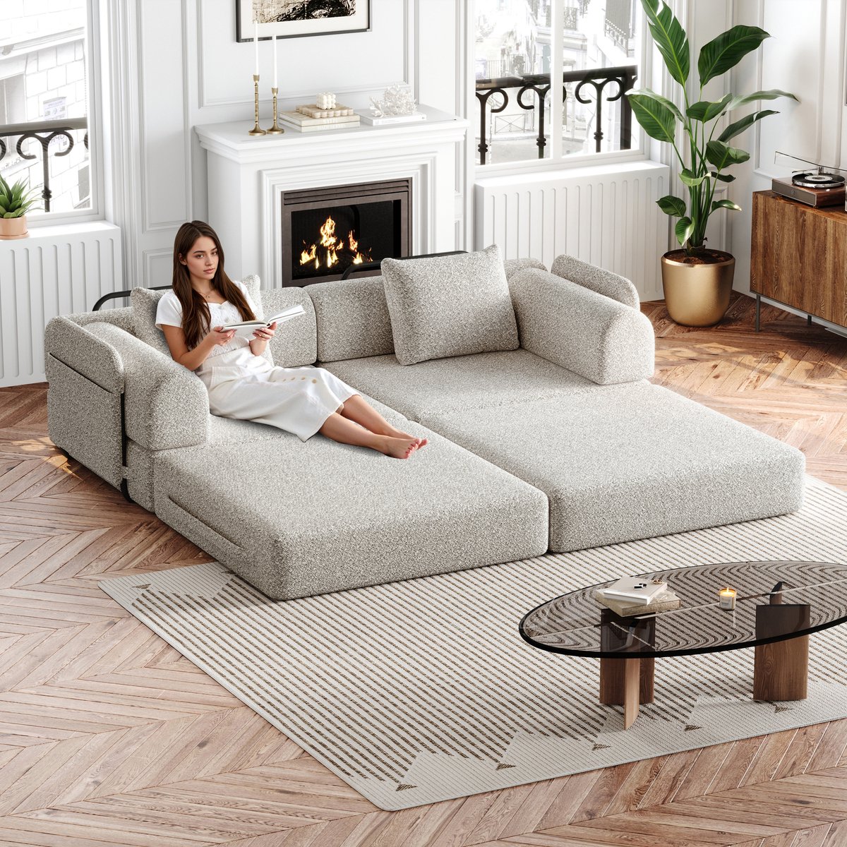 Chenille Sofa Bed - Modulaire 2 Persoons Bank Met Opbergvak - Beige