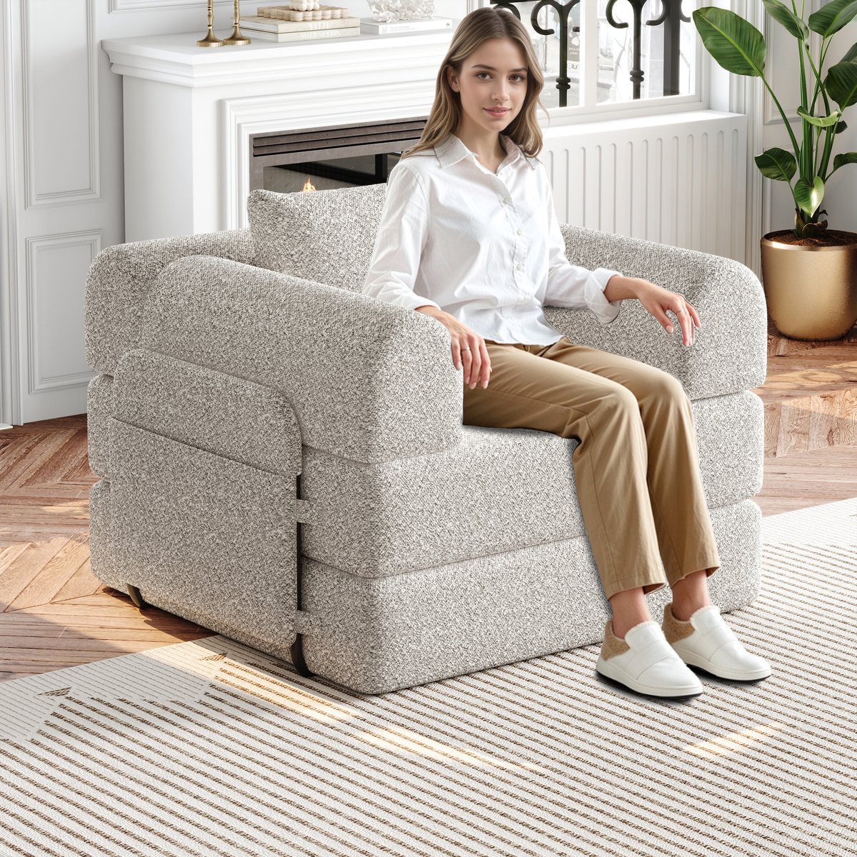Chenille Slaapbank met Armleuning-opbergvak - Ruimte voor Uren Ontspanning - 103x32x32 cm, Kaki