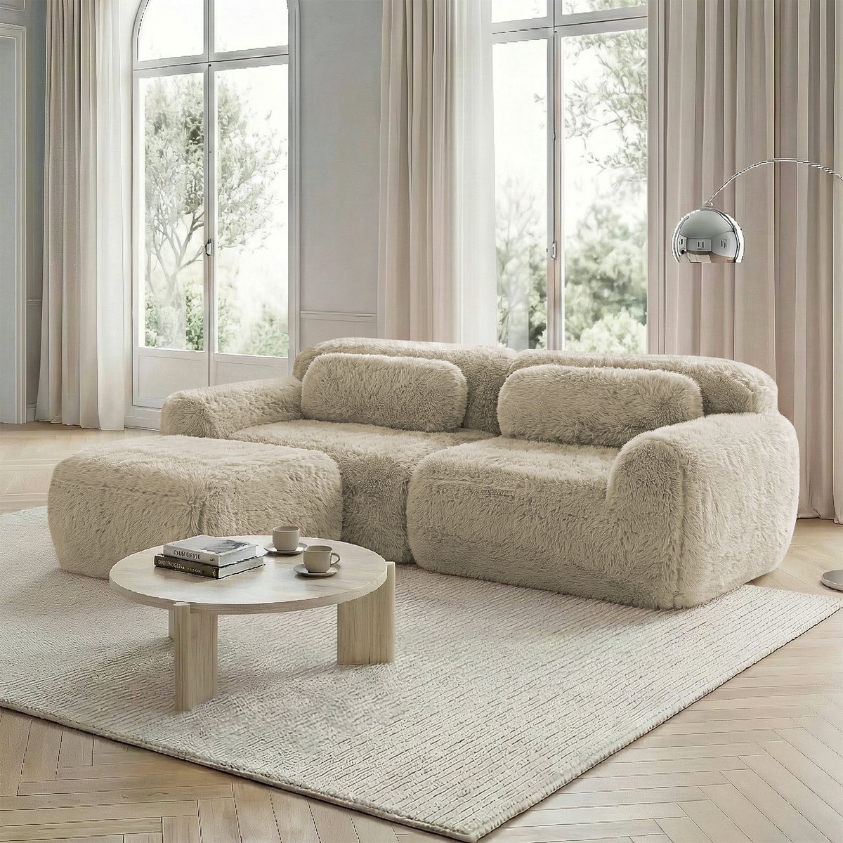 Comfortabel Design: L-vormige Pluche Bank 2-zits Licht Khaki - 204x179x73 cm, Licht kaki