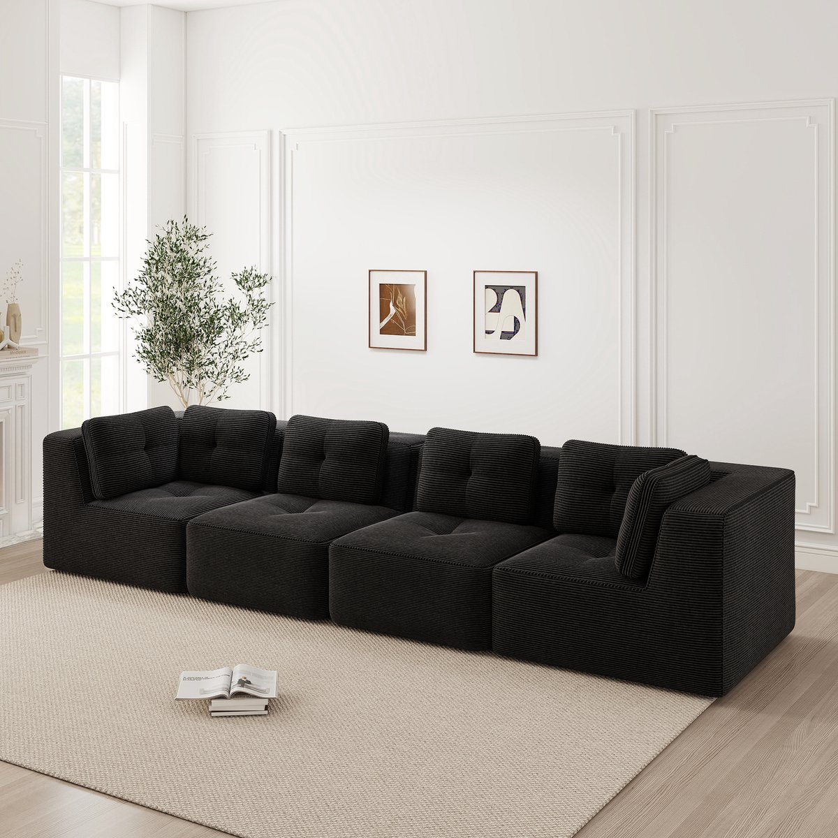 Ontspanning met Rutschvast Design: Cordbezug Viersitzer-Sofa - 386x104x69 cm, Zwart