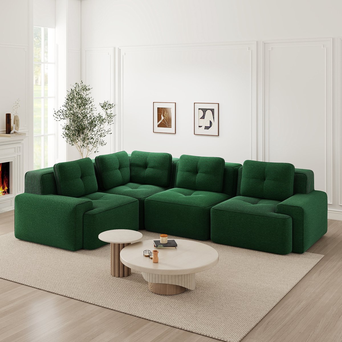 Grün Cordstoff hoekbank 295x295x69 cm - Modern Sofabed Met Geribd Fluweel en Rutschvaste Voeten, Groen