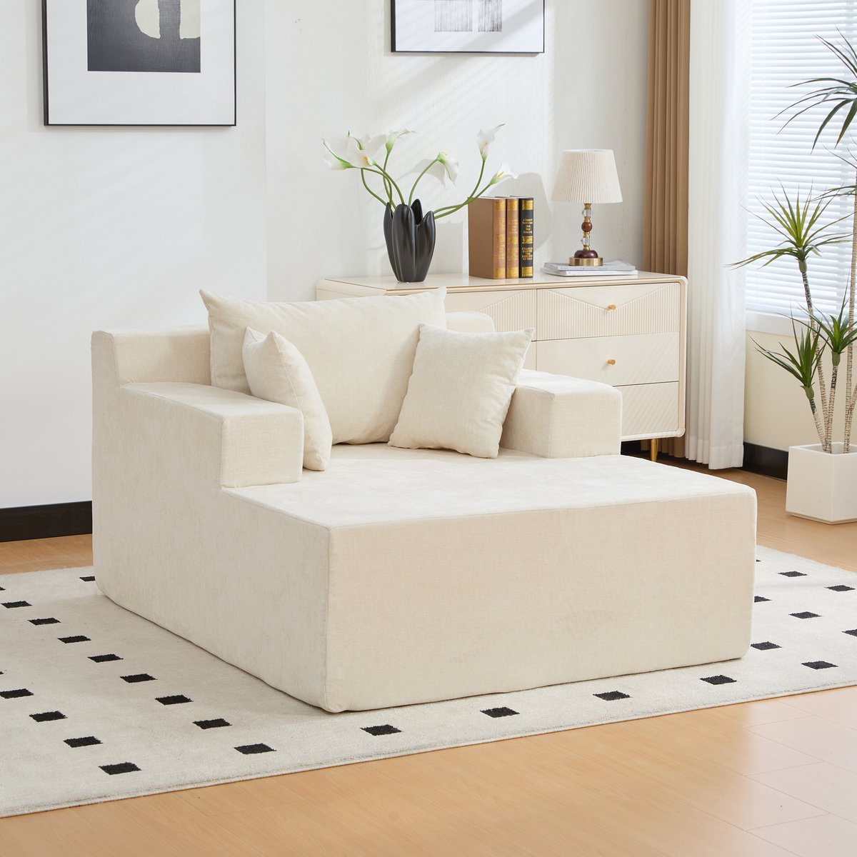 Modulaire Lounge Stoel - Chenille Fauteuil Met Chaise Longue, Zachte Schuimvulling En Geen Montage - Beige