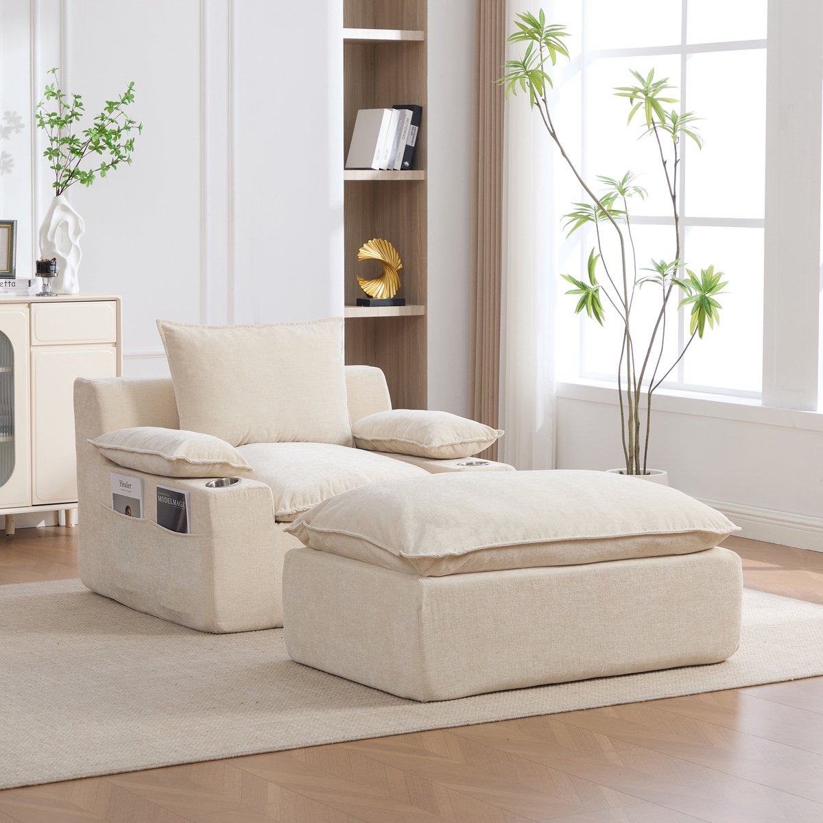 Modulaire Lounge Fauteuil - Chenille Stoel Met 4 Kussens, Bekerhouder En Opbergtas - Zachte Relaxstoel Voor Woonkamer En Balkon - Beige