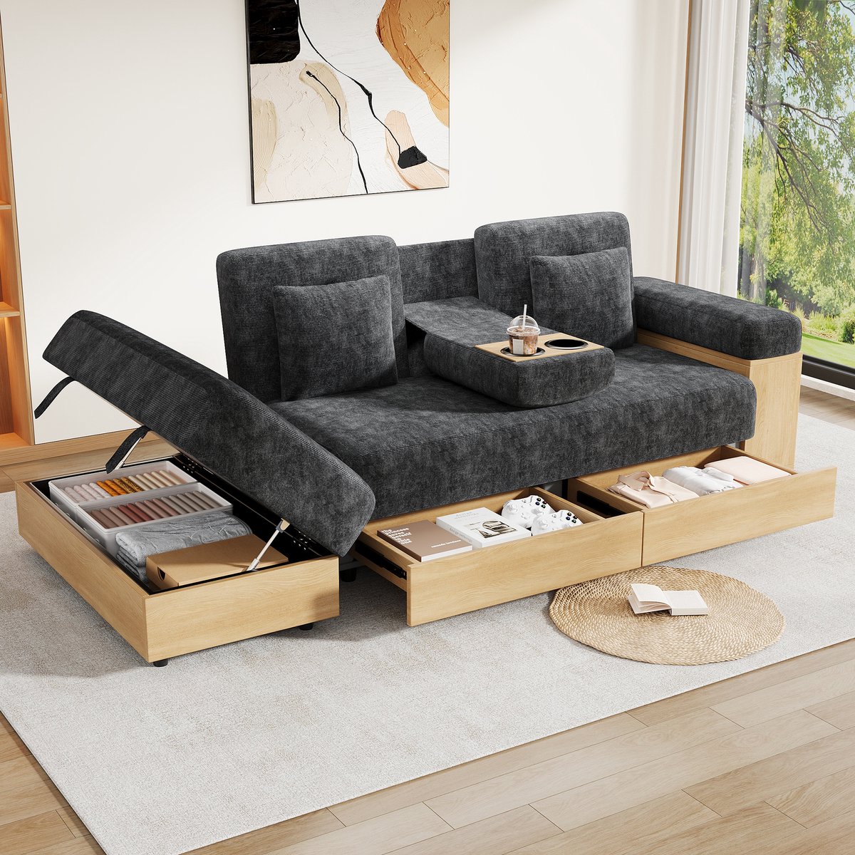 Slaapbank 3-Zits - Chenille Bank Met Opbergruimte En Verstelbare Rugleuning - Modulaire Lounge Sofa Met Laden, Hocker En Bekerhouder - 217 cm Bankstel Voor Woonkamer - Grijs