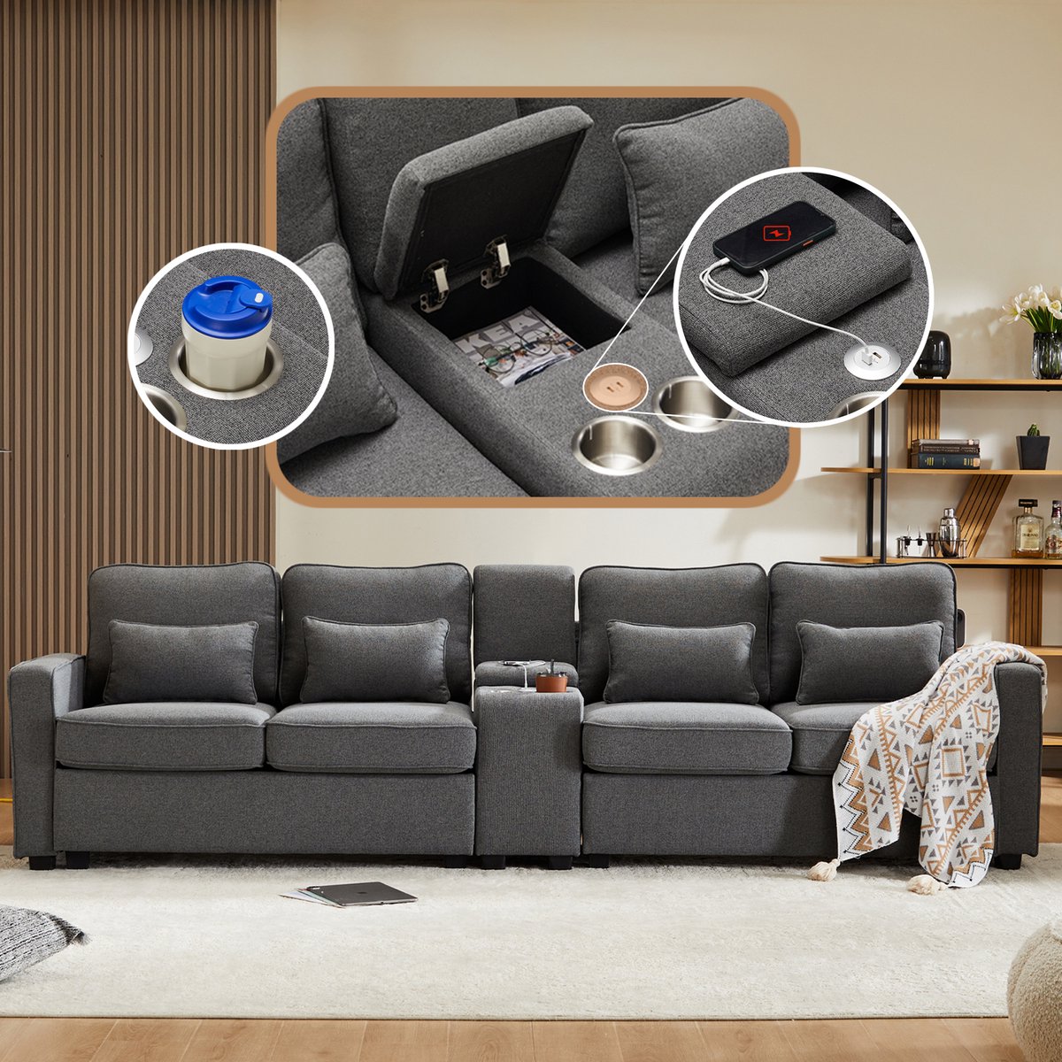 4 Zits Bank - Moderne Linnen Sofa Donkergrijs Met Console, USB Poorten En Bekerhouders - Comfortabele Woonkamerbank Met Opbergtassen En Kussens - Luxe Lounge Bank