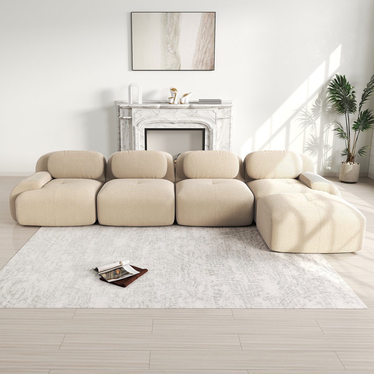 Modulaire Hoekbank 4-Zits - Beige Chenille Cloud Sofa Met Chaise Longue - Frameloze Lounge Bank Met Diepe Zit, Brede Armleuningen, Antislip Onderkant En Flexibele Opstelling Voor Woonkamer