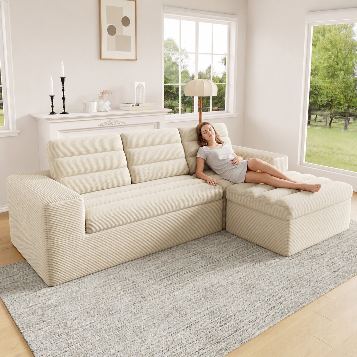 L-Vorm Hoekbank 253 cm - Moderne Modulaire Bank 4 Personen - Frameloze Cloud Sofa Met Zachte Ribstof - Comfortabele Lounge Bank - Beige