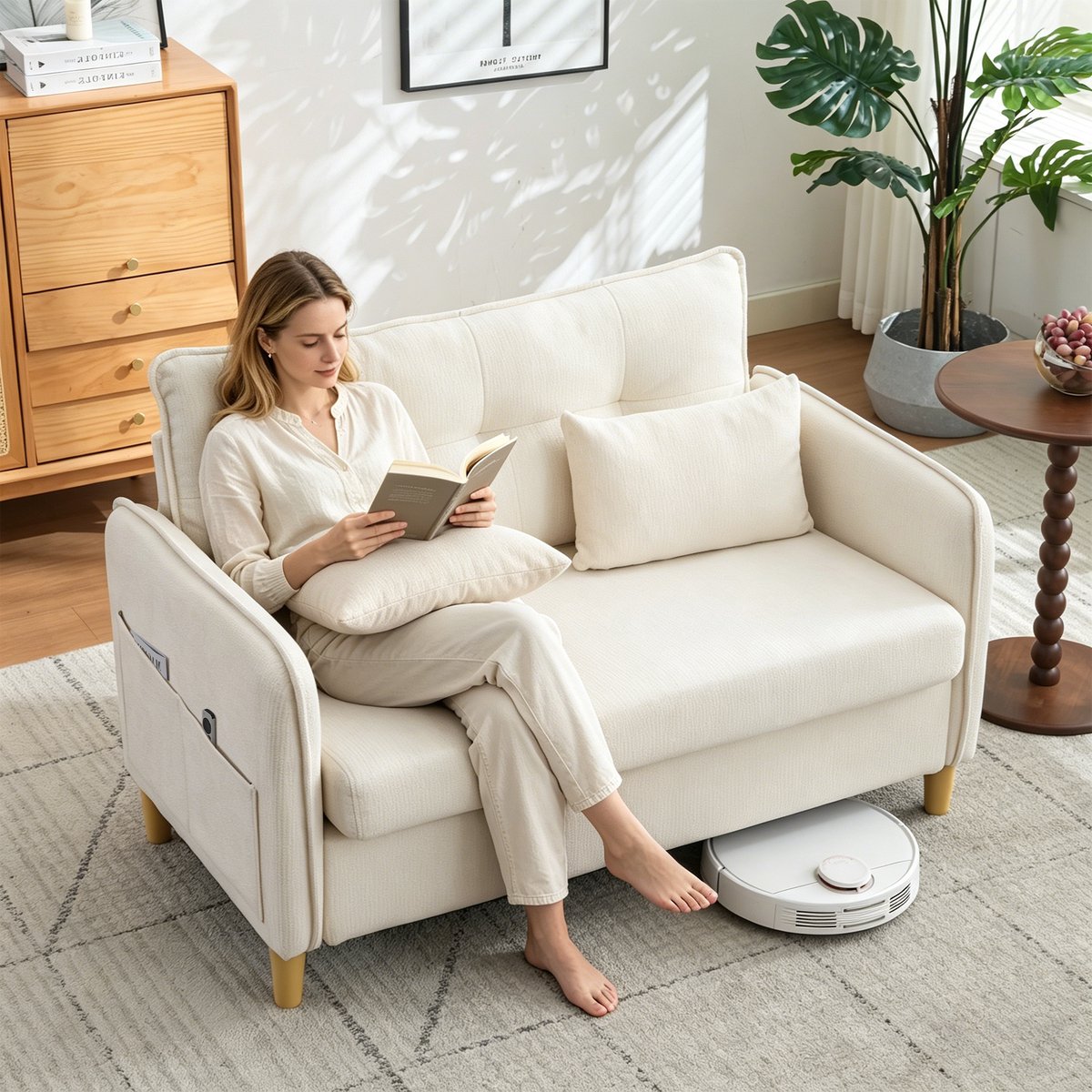 127 cm Tweezits Bank - Massief Hout Bank Met Armleuningen en Zijkleden - 127x75.5x83 cm, Beige
