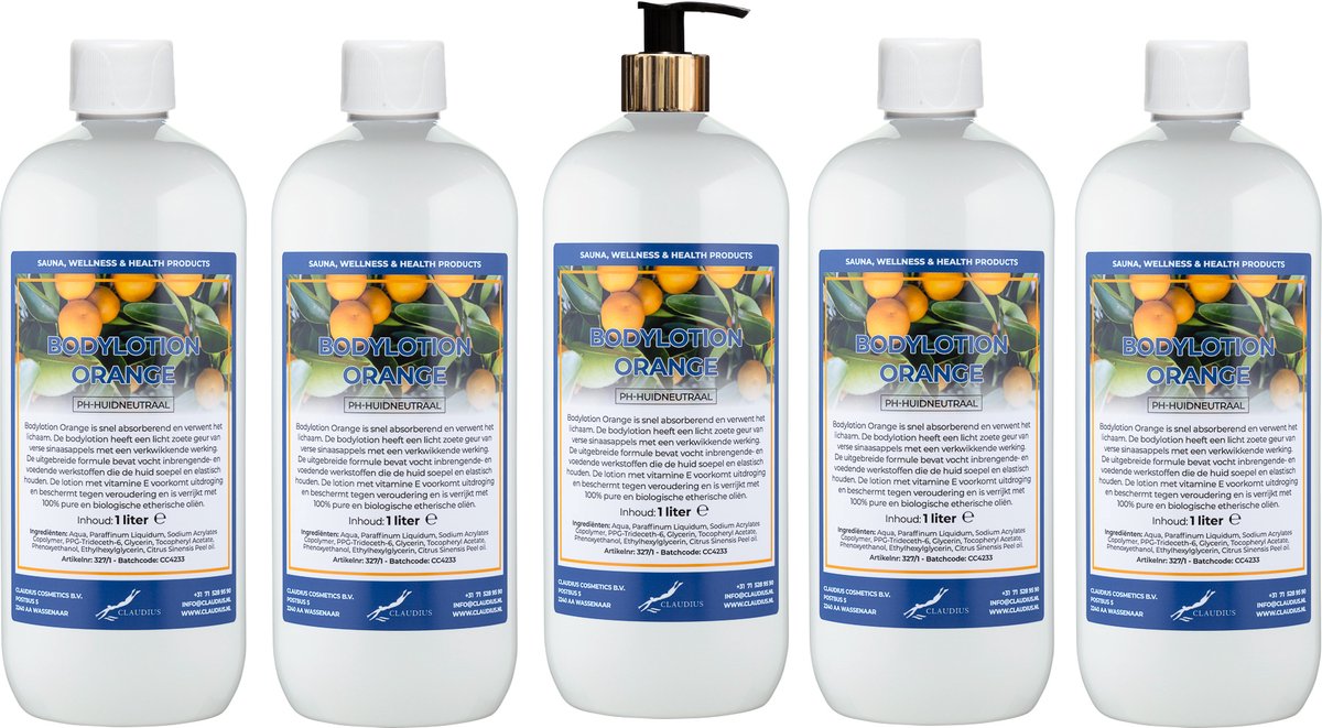 Bodylotion Orange 1 Liter - met gouden pomp - set van 5 stuks - Voordeelverpakking