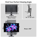 Monitor met instelbare hoogte (130mm), kanteling (-5°~20°) en rotatie (±90°). Een scherm toont twee grote, gloeiende blauwe en roze lelies.