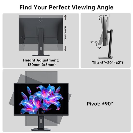 Monitor met instelbare hoogte (130mm), kanteling (-5°~20°) en rotatie (±90°). Een scherm toont twee grote, gloeiende blauwe en roze lelies.