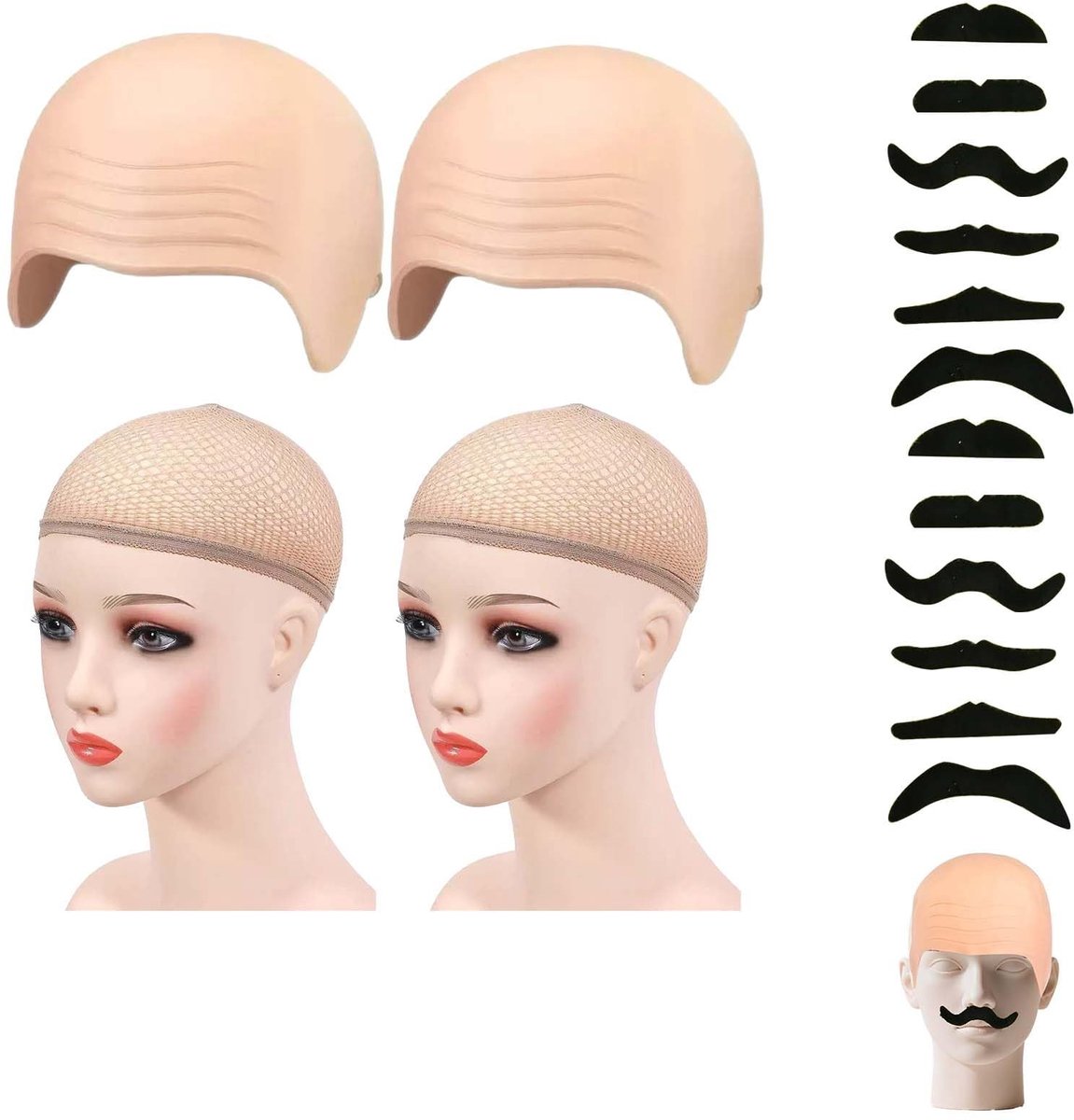 Bald Head Kostuum Set - Realistische Kale Hoofd Hoeden - Inclusief 12 Fake Baarden