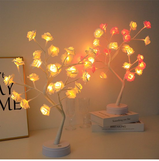 LED-roosboomlamp, decoratieve bureaulamp met aanraakschakelaar, nachtlampje met gesimuleerde roos, sfeerlamp voor de slaapkamer - oplaadbaar en met netstroom te gebruiken (batterijen niet inbegrepen) — afbeelding 2