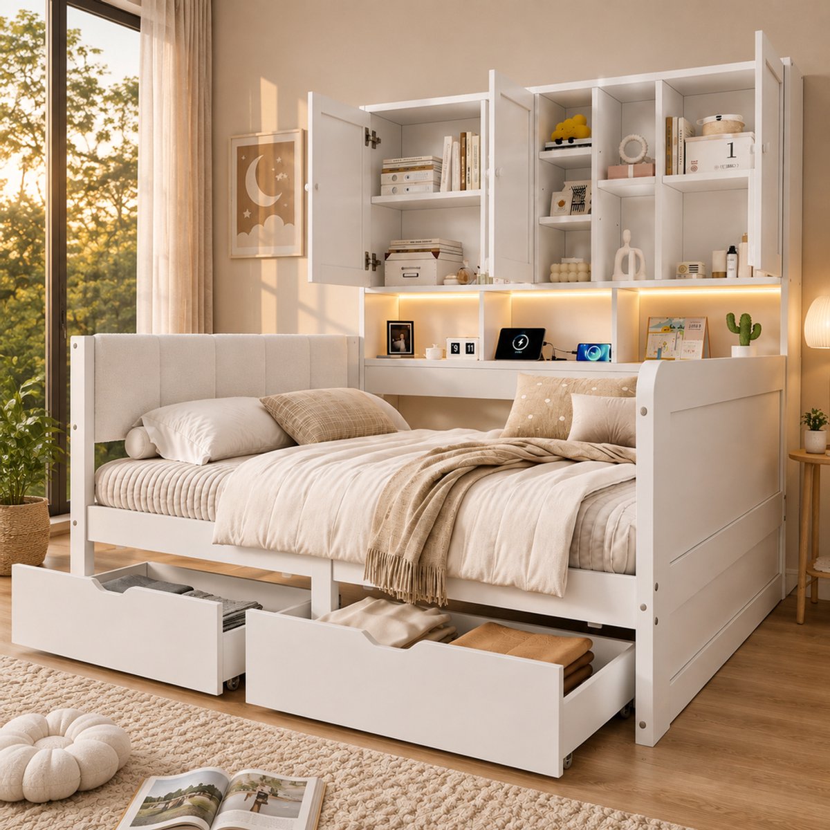 Pugsdrly Kinderbed, bed met opbergruimte 90x200 met LED-verlichting, USB-oplaadaansluitingen en lades, met PU gestoffeerd hoofdeinde, dagbed, L-vormig houten bed, dagbed met planken en kasten, wit