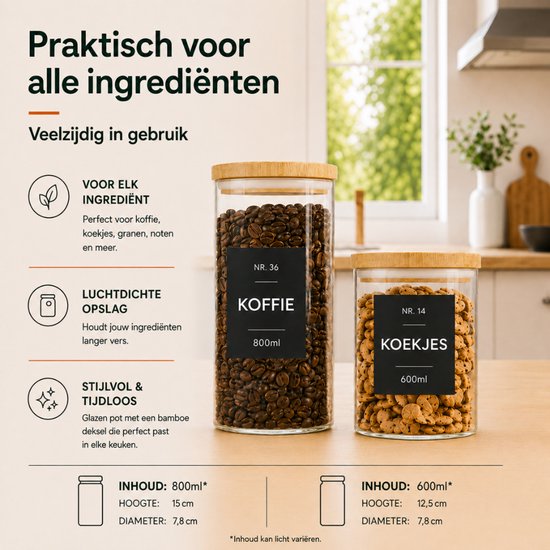 Twee glazen voorraadpotten op een keukenachtergrond, gevuld met koffiebonen en koekjes. Links 800ml, rechts 600ml.