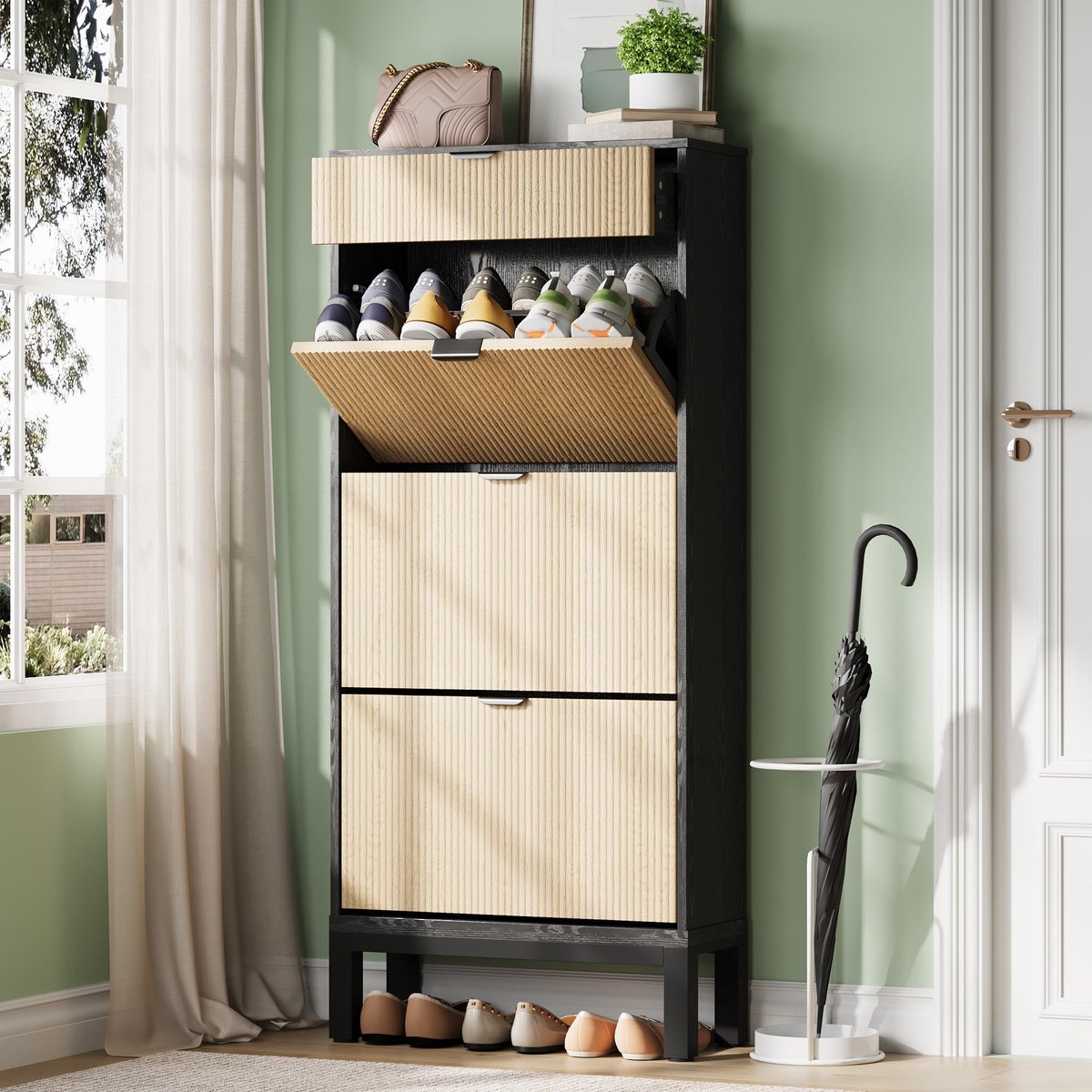 Moderne geribbelde schoenenkast voor de entree – 3 kantelbare laden, verstelbare schappen, slank ruimtebesparend ontwerp, verborgen opslag voor 12‑18 paar schoenen, metalen poten