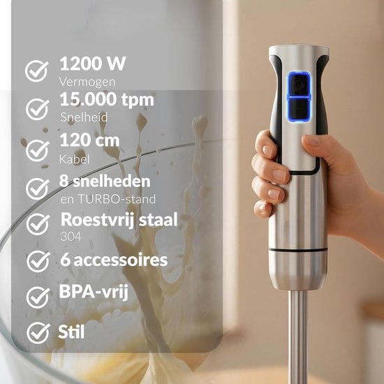 NIVA® Staafmixer Set - Inclusief 6-delige Accessoireset - Elektrische Multifunctionele Staafmixer - Zilver - 24cm x 18cm x 19cm van Niva — afbeelding 5