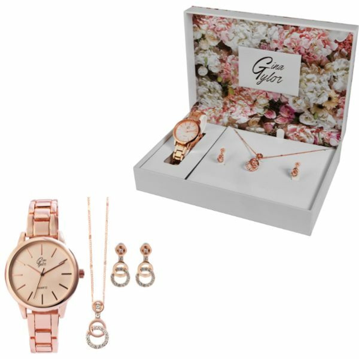 Gina Tylor Geschenkset dames horloge ketting en oorbellen rosé-goud