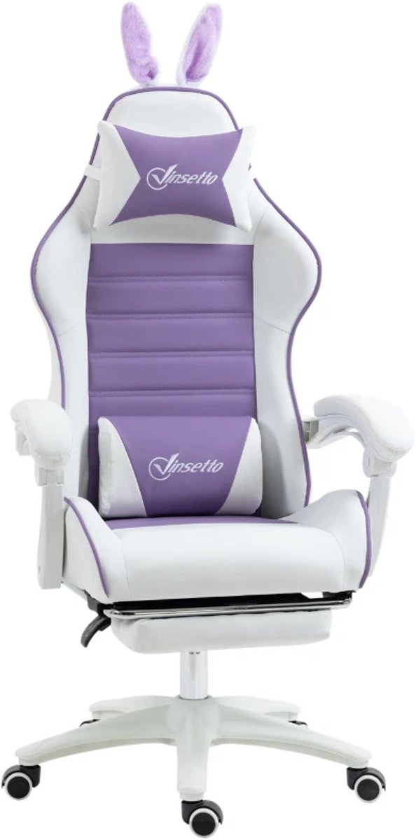 Ergonomische Gamingstoel met Lendensteun, Voetensteun, Oortjes, Hoofdsteun - 135° Verstelbare Rugleuning - 360° Draaibaar - In Hoogte Verstelbaar - Relaxfauteuil - Bureaustoel - TV Stoel - Paars