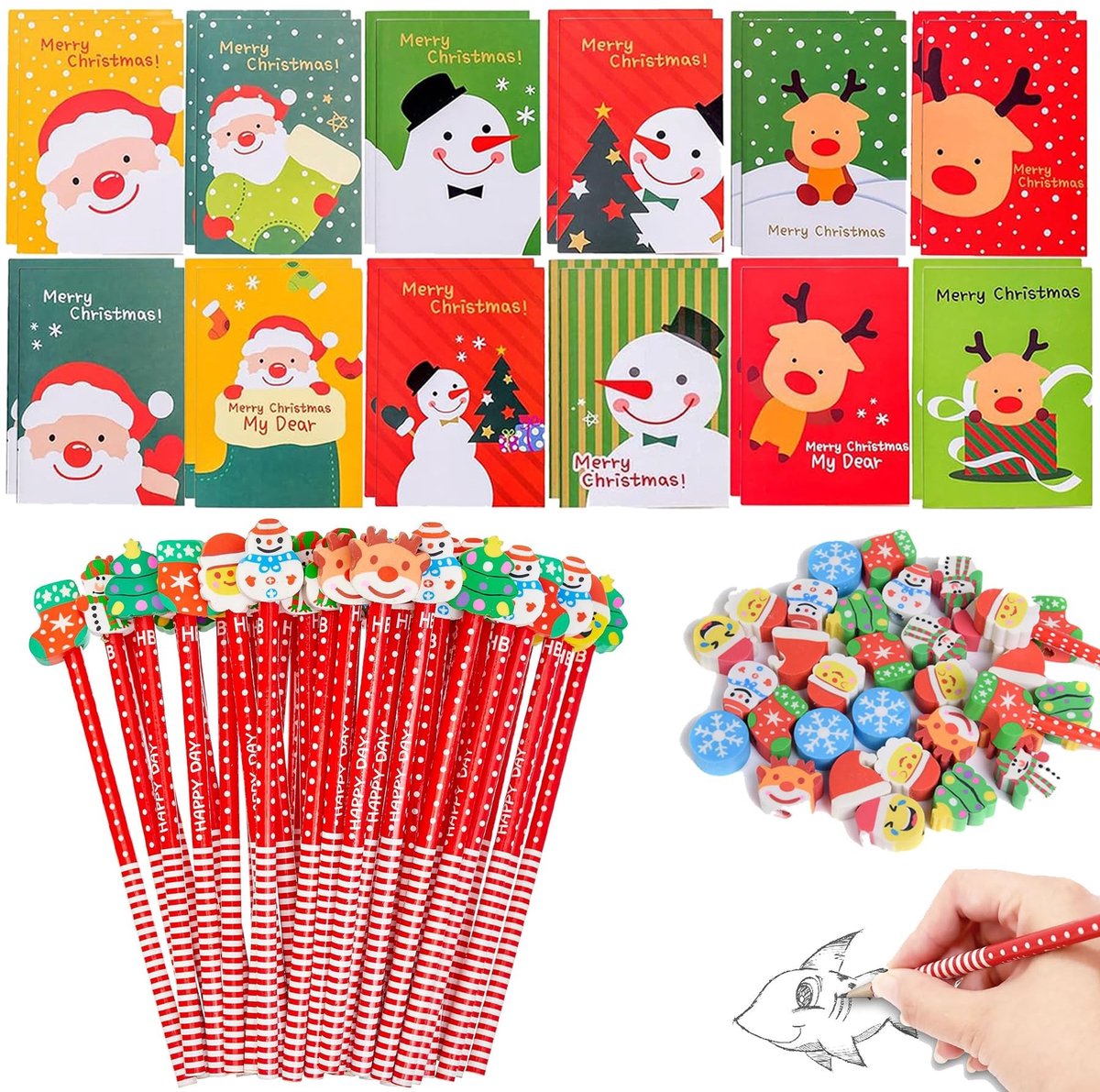 Solidchoice - Set van 24 Kerstpotloden met Gum en Notitieboekjes