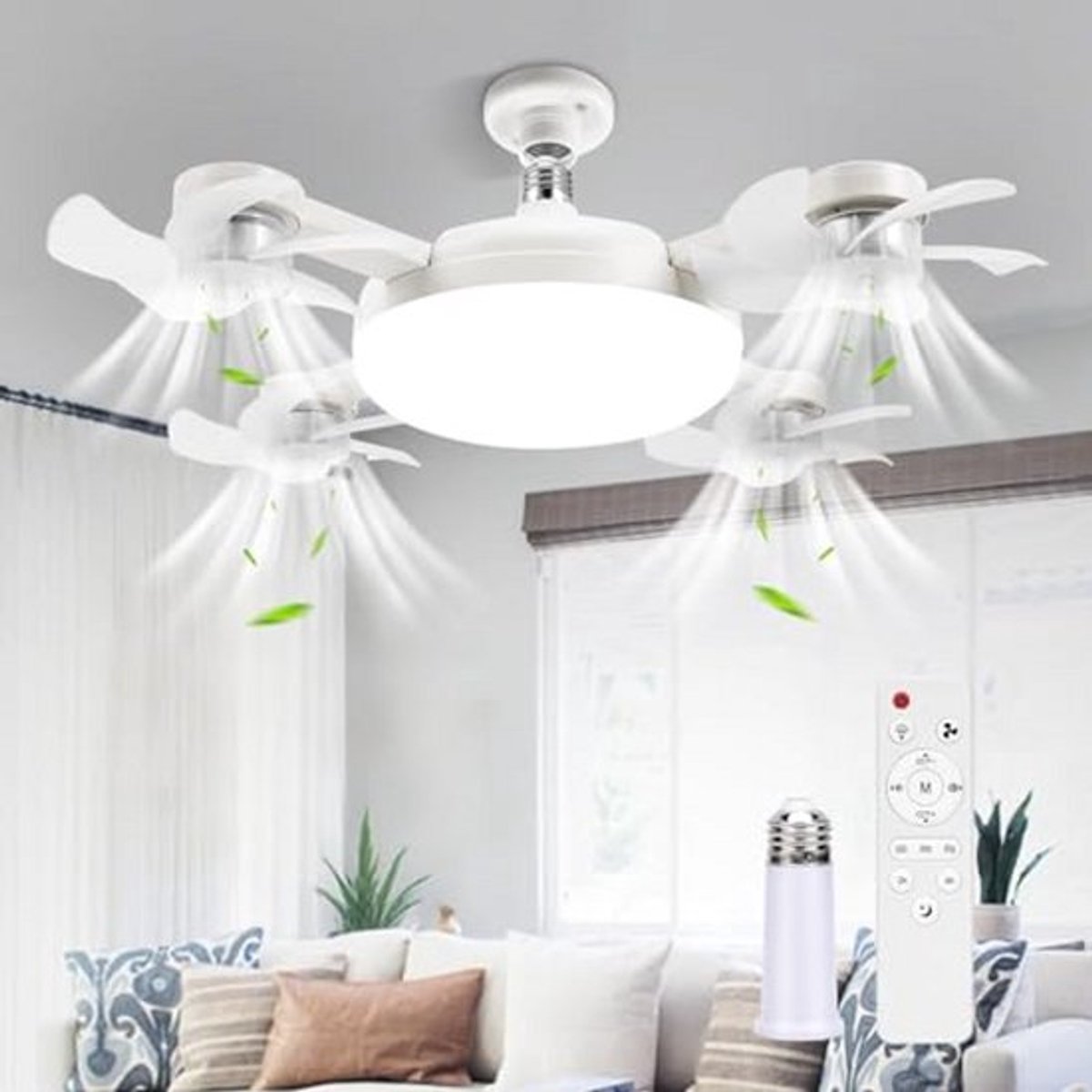 E27+B22 schroeffitting voor plafondventilator | LED drone plafondventilator met afstandsbediening | Dimbare ventilator met timerfunctie | Stille stekkerventilator voor slaapkamer