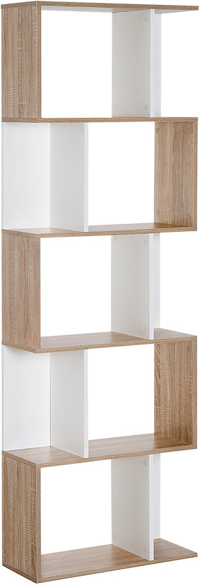 Boekenkast met 5 niveaus - S-vorm - 60 x 24 x 184,5 cm - wit - Opbergkast met planken - eikenhout
