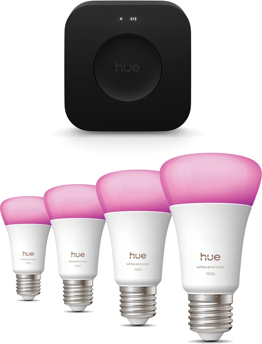 Philips Hue Starterspakket - E27 - met 4 Standaard lampen - Wit en Gekleurd Licht - Incl. Hue Bridge Pro - Hue White and Color Ambiance