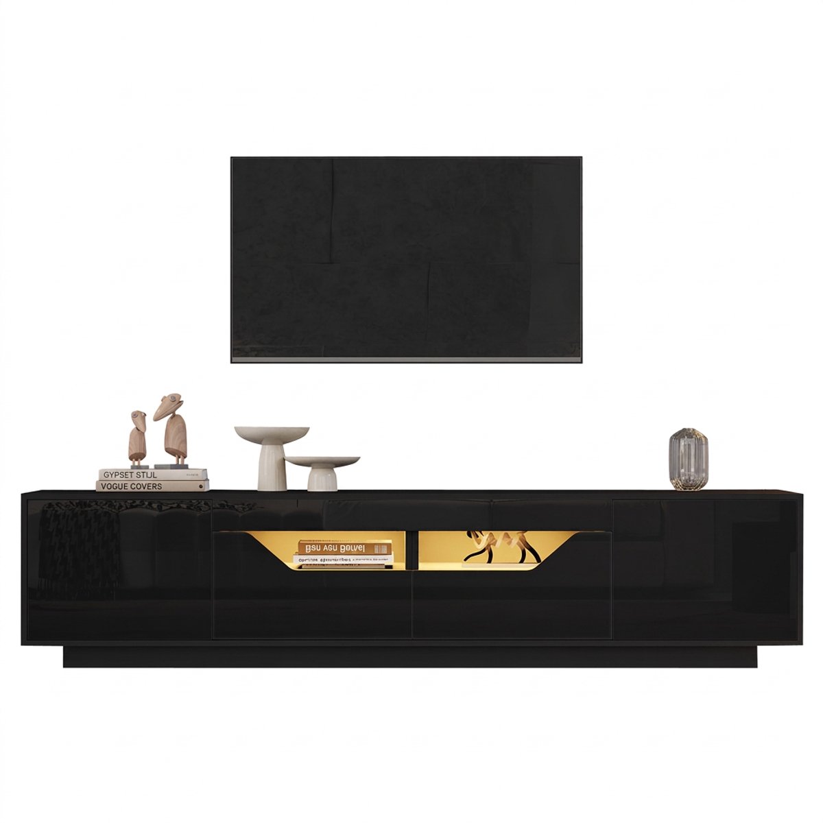 Tv meubel-180 cm breed-hoogglans front met led-2 lades en 2 kasten-Tv dressoir voor 75 inch tv-woonkamer-Zwart