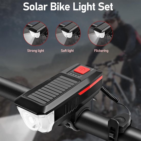 Fietsverlichting Set Zonne energie - Met Ingebouwde Fietsbel - Solar & USB Oplaadbare - Multifunctionele Fietslicht - Waterdicht - Fietslampjes Voorlicht & Achterlicht - Fietslamp op zonne-energie - Voor racefiets, stadsfiets en elektrische fiets — afbeelding 3