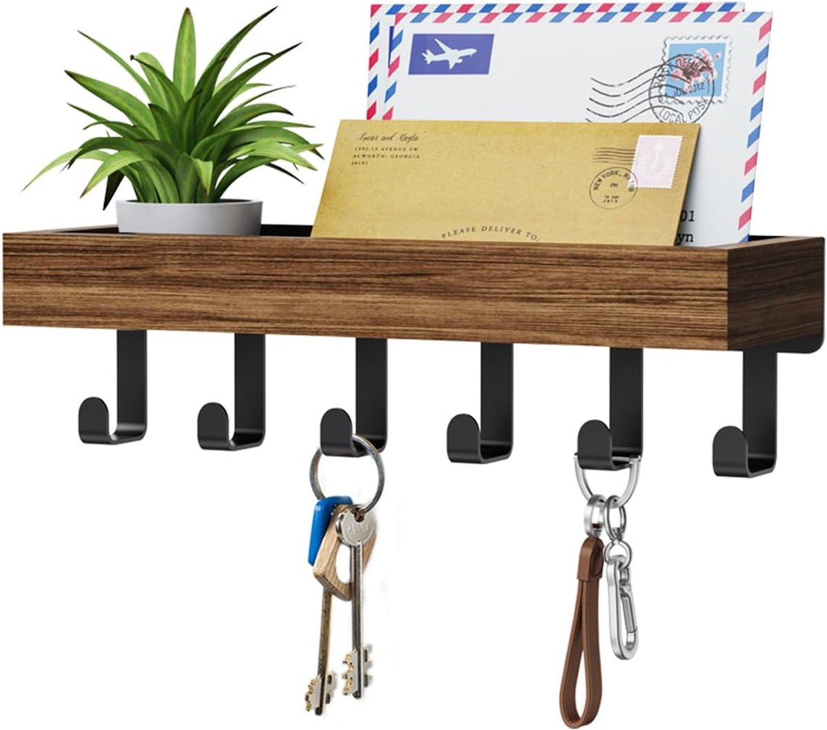 KZQ Wandkapstok met hoedenplank – 6 haken – Sleutelrek – Geschikt voor het ophangen van sleutels en opbergen van post