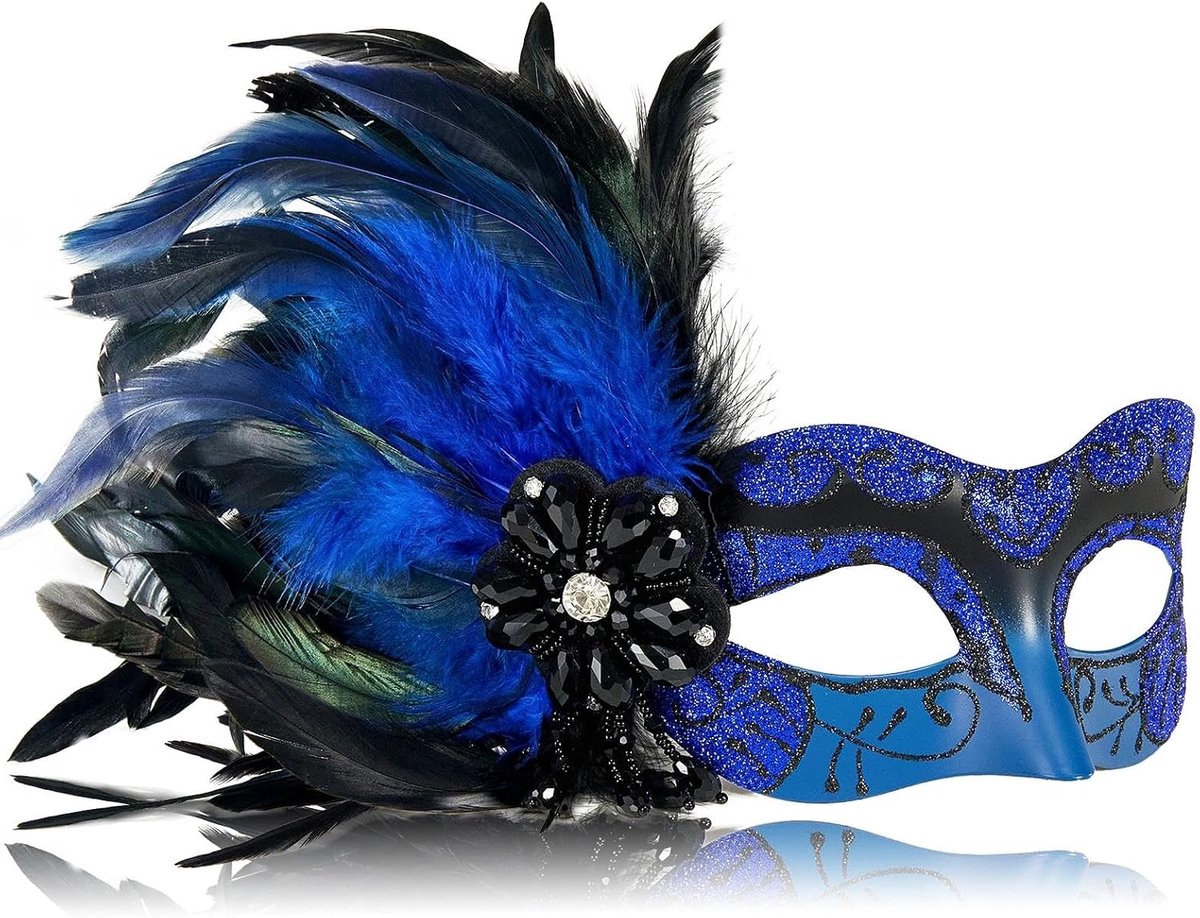 MYSEUNI 2025 Nieuw blauw en zwart maskerademasker voor vrouwen met veren - ShopVlot