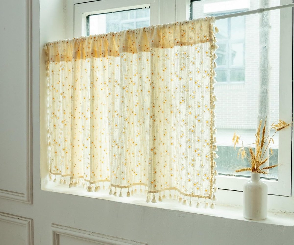 KZQ Gordijnen - Bovengordijn/kort gordijn - Met kwastjes - Keukengordijn - 140 x 100 cm - Geschikt voor keukens, cafés, slaapkamers, kasten en deuropeningen - Bloemenmotief