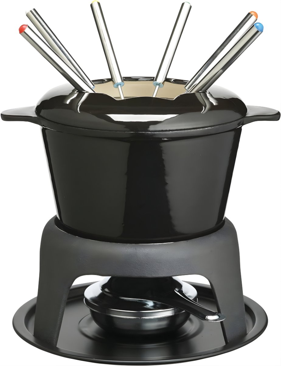 Ploutos® Fondueset - Universele Fonduepan met Vorkjes - Luxe Fondueset voor Gezellige Avonden - Zwart - 18cm x 18cm x 21cm