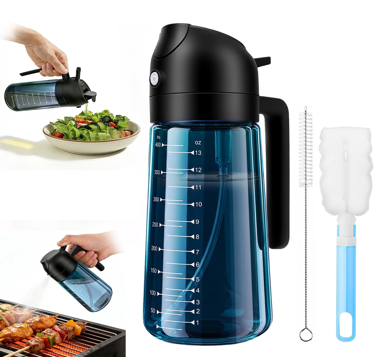 Namajunas - 2 IN 1 Olijfolie Sprayer 470 ML - Oliefles - Met inhoudsschaal - Oliefles Met Schenktuit - Olieflessen - Oliefles Glas - Olie Sprayer - Olie Spray - Met Rietjes Borstel & Flessenborstel - BBQ Accesoires - Airfryer Accessoires