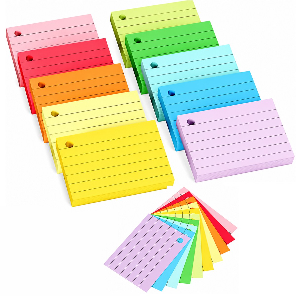 Kaiyaya - 500 stuks Flashcards - 10 kleuren - Met Ringband - Gelinieerd - Voor Studeren & Organiseren - 7,4 x 5,1 cm