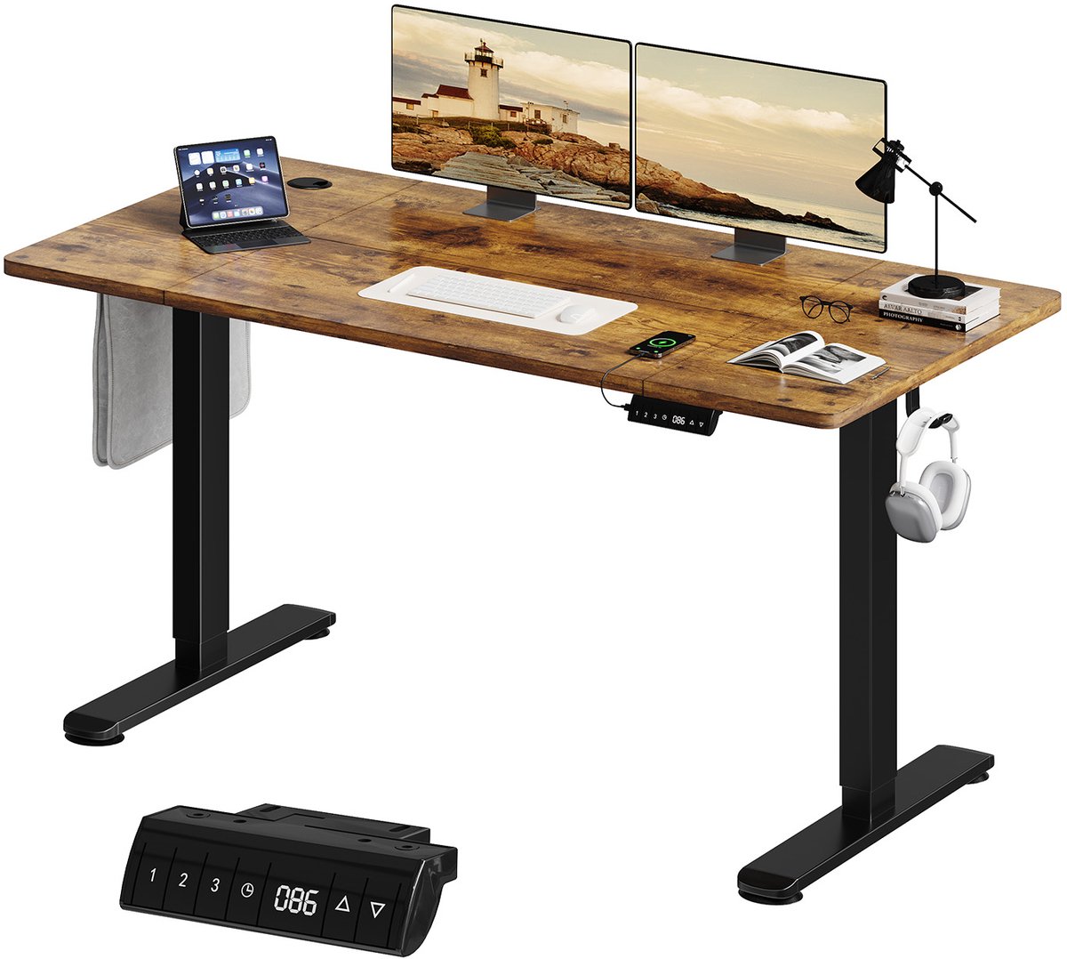 Devoko Elektrisch Zit-Sta Bureau 140x70 cm – 18 mm Dik Tafelblad – 3 Geheugenstanden – USB en Zit-alarm – Kabelmanagement – Zwart frame met donker houtlook blad