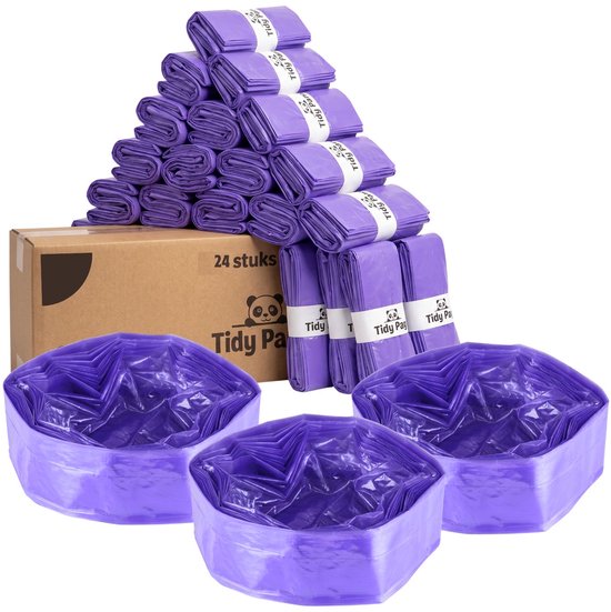 Une pile de recharges violettes pour poubelle à couches Tidy Panda, 24 pièces dans une boîte en carton.