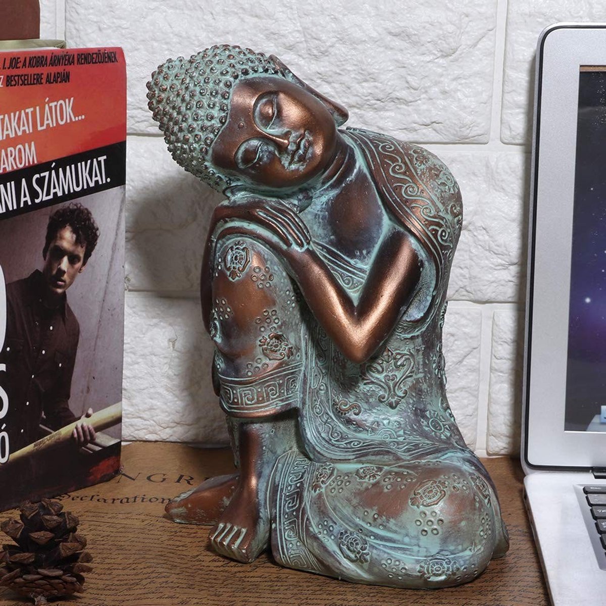 Tissting Merkloze Buddha Beeldje, Meditatie Figuur, Hars, Bronskleur, 23 cm
