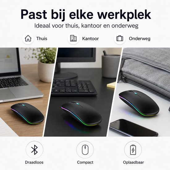 Zwarte muis met RGB-verlichting, ideaal voor thuis, kantoor en onderweg.