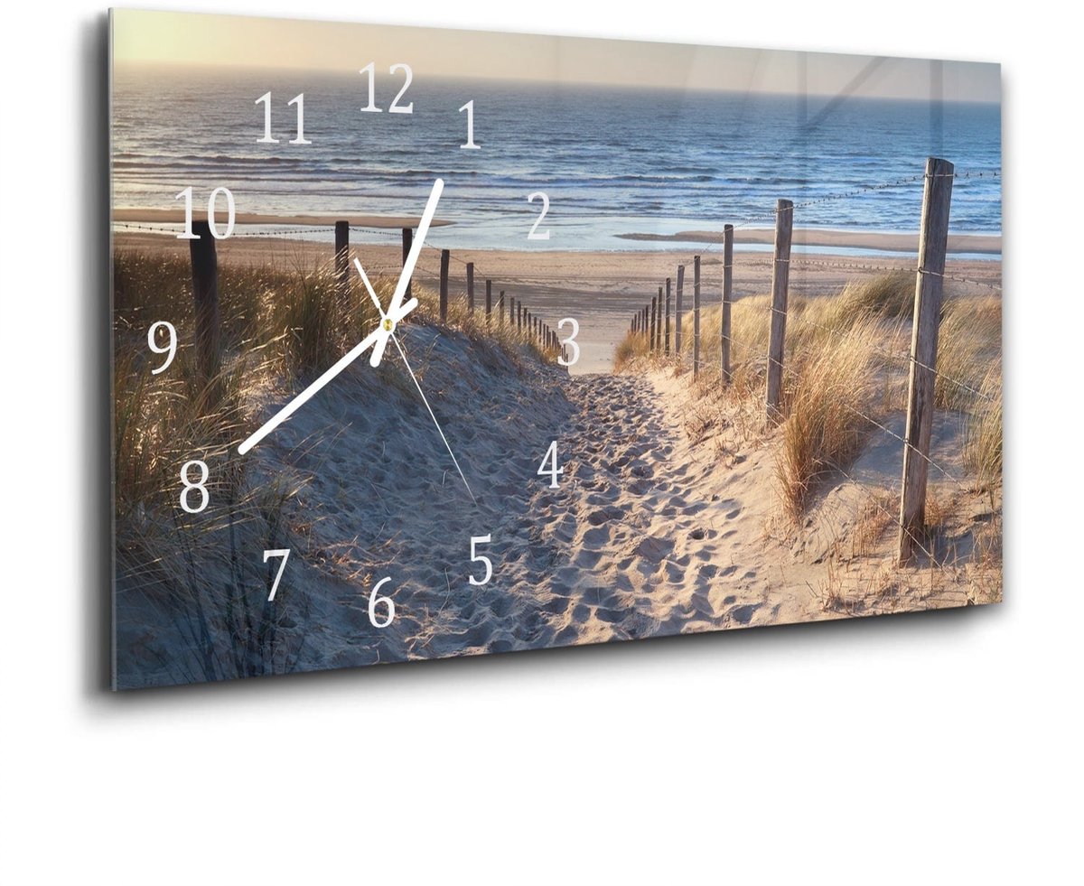 Mydesignglas Grote Glazen Wandklok XXL Wandklok 60x30 cm - Gehard Glas - Pad naar de Noordzee Wit - Stille Klok voor Woonkamer & Keuken - Modern Design