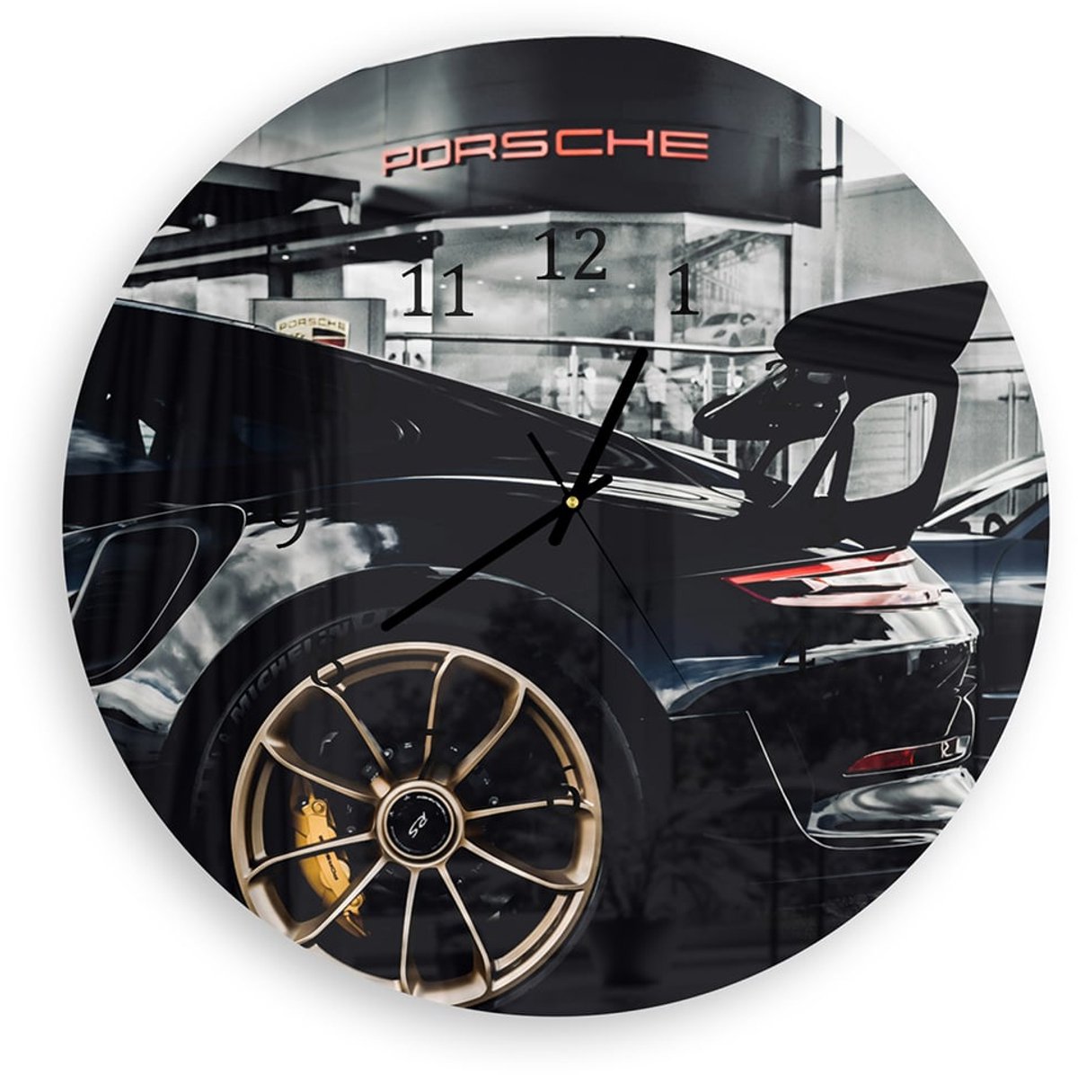 Mydesignglas Grote Glazen Wandklok XXL - Wandklok Rond 60cm - Gehard Glas - Porsche GT3 RS Zwart - Stille Klok voor Woonkamer & Keuken - Modern Design