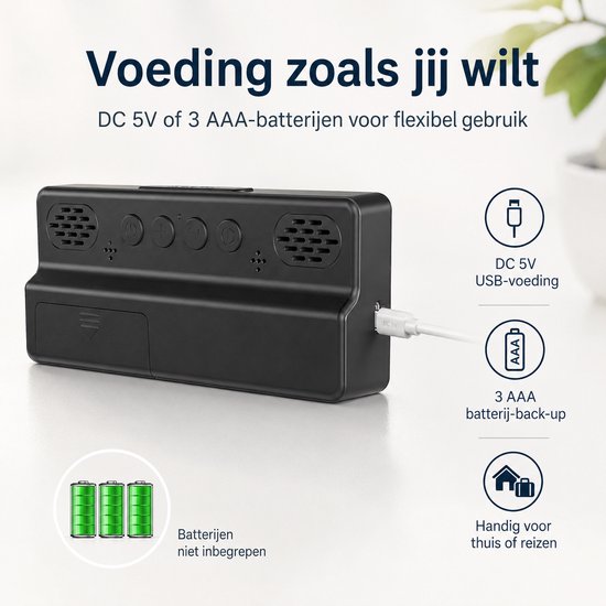 Achterkant van een zwarte digitale wekker met USB-poort, batterijdeksel en luidsprekers. "Voeding zoals jij wilt"
