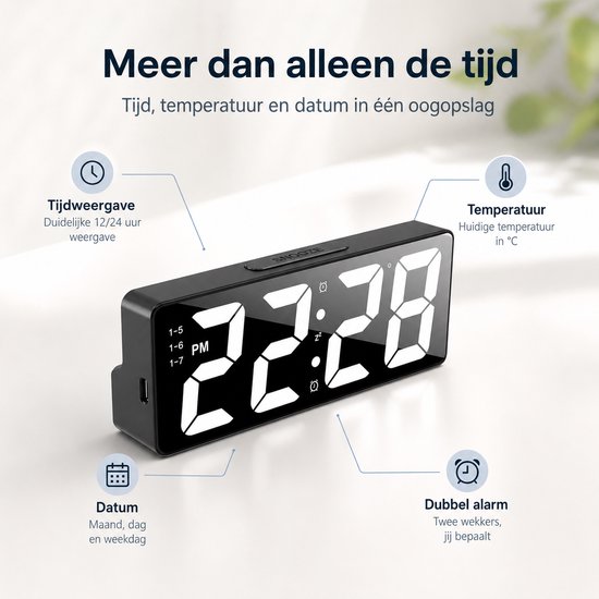Zwarte digitale wekker die 22:28, PM, temperatuur en datum weergeeft. "Meer dan alleen de tijd"