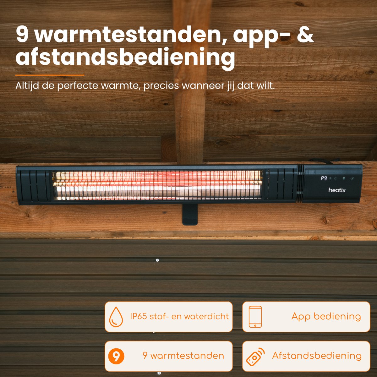 Heatix Smart Golden Shadow Terrasverwarmer – Elektrisch Infrarood Wandmodel – 2500W – App & Afstandsbediening – 9 Warmtestanden – IP65 – foto 4