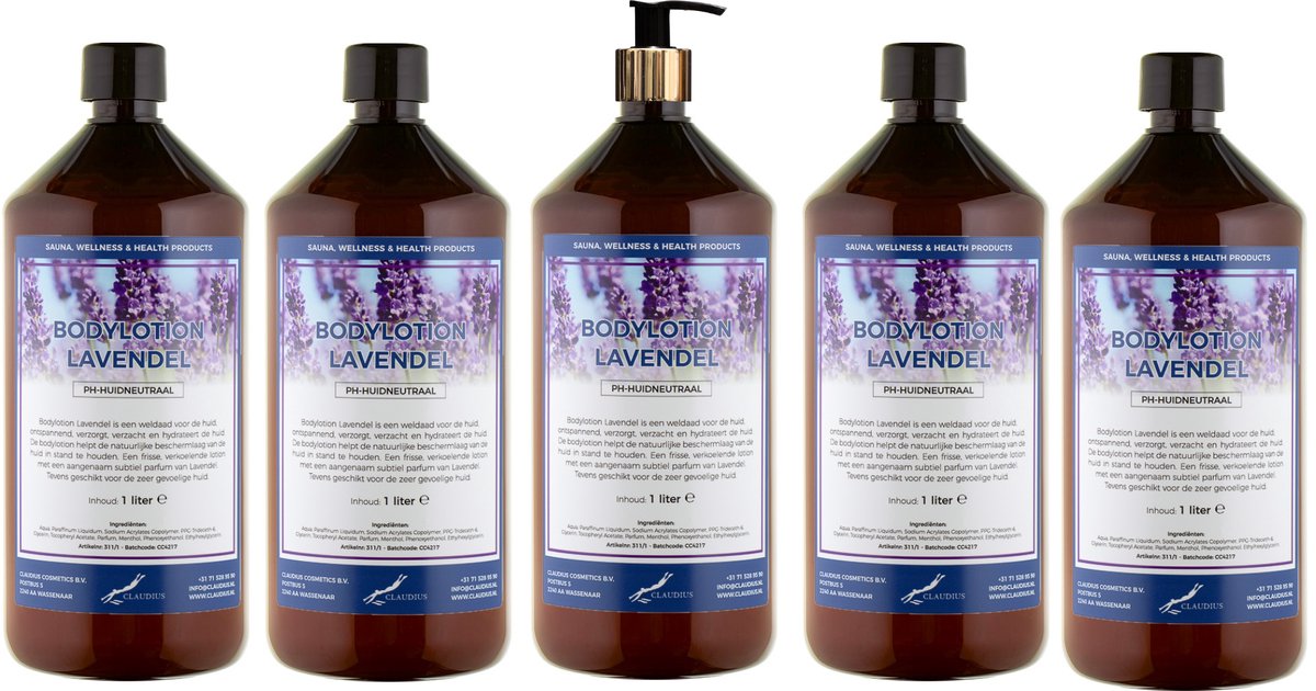 Bodylotion Lavendel 1 Liter - met gouden pomp - set van 5 stuks - Voordeelverpakking
