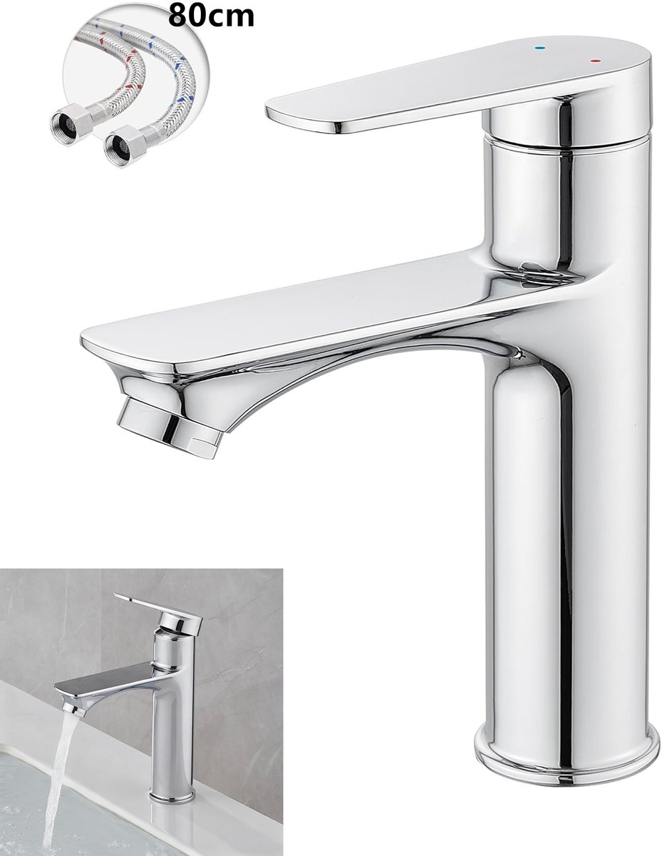 KZQ Wastafelmengkraan - Chroom - Eengreeps - Warm En Koud - Incl 80cm Slangen - Messing - Antilek Keramiek Patroon - Waterbesparend - Geschikt Voor Moderne Badkamer