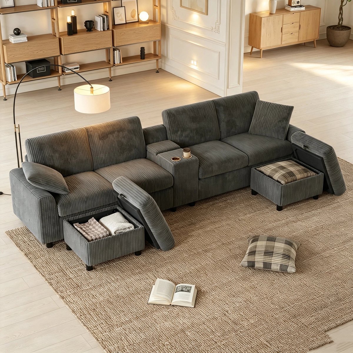 U-Bank, 4-Zits Bank, Corduroy U-vormige bank, Inclusief 2 Opbergpoefjes, Salontafel, 2 Bekerhouders, 1 USB-poort, 2 Stopcontacten en 2 Type-C-poorten; (B315×H81×D135cm)-Grijs