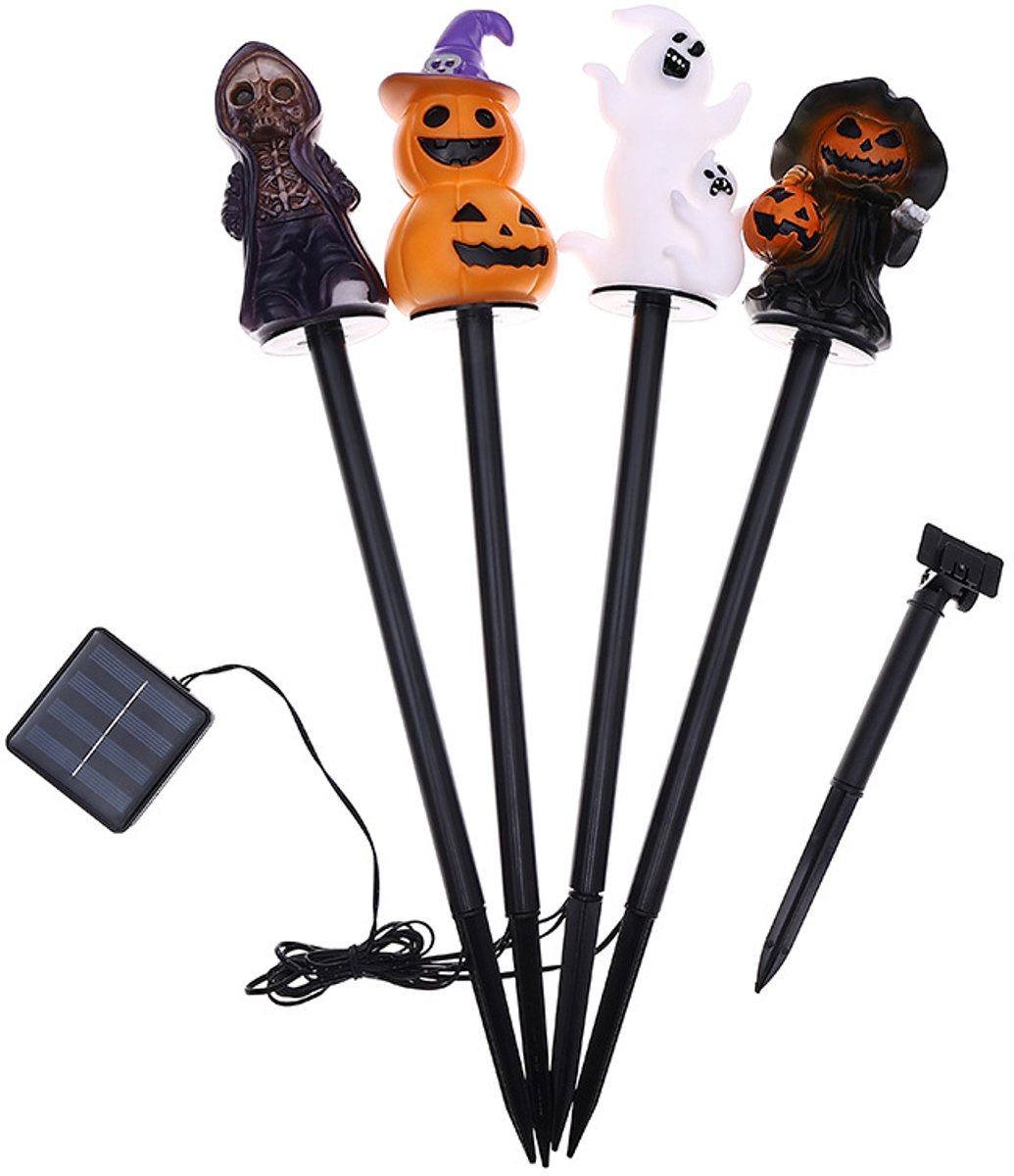 Namajunas - Halloween decoratie lamp met grondpennen - 4 stuks - LED zonne lamp voor buiten - Set van 4 verschillende lampen: pompoen, spook, monster en heks - Energie besparend en milieu vriendelijk - Geschikt voor tuin, patio, parken, enzovoort